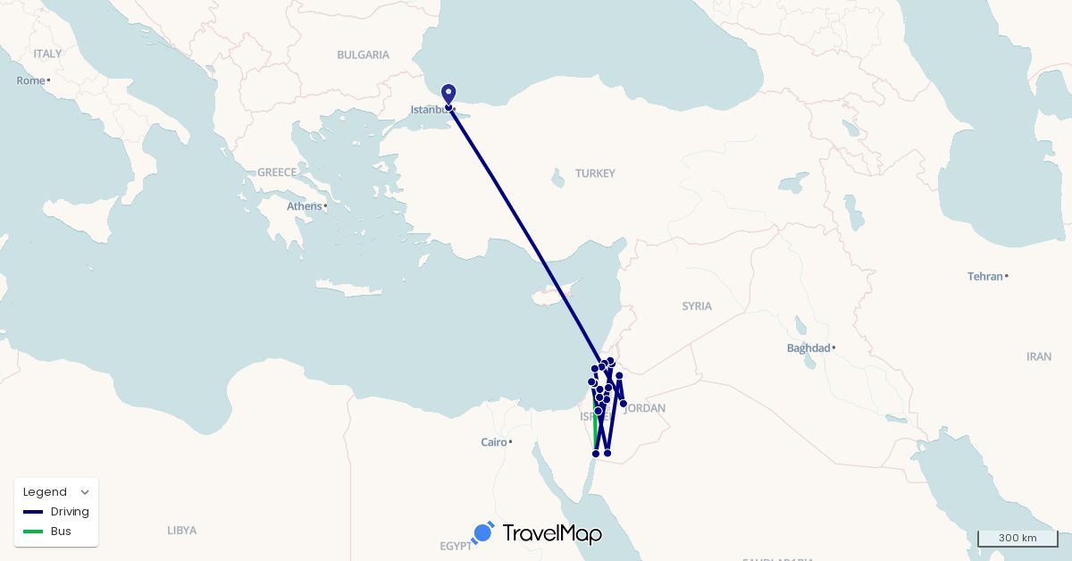 TravelMap itinerary: driving, bus in Israel, Jordan, Turkey (Asia)